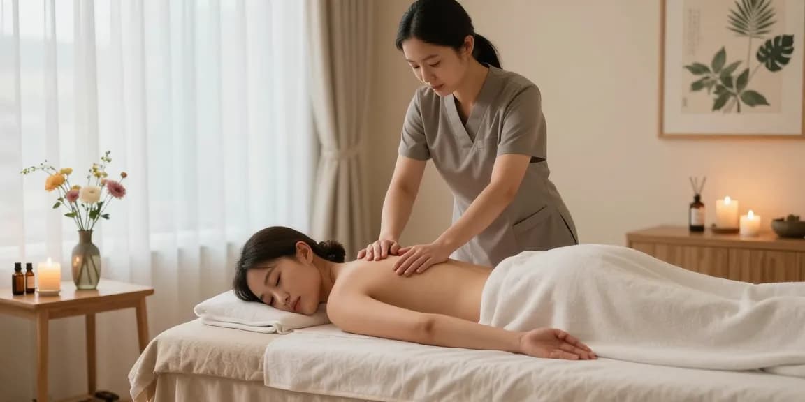 서울출장마사지 서비스 중인 마사지 치료사와 고객의 편안한 스파 환경
