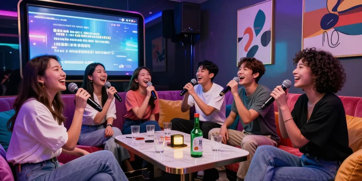 강남가라오케에서의 즐거운 친구들 모임과 화려한 조명