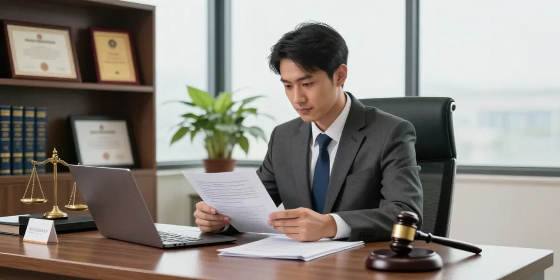 Criminal lawyer reviewing additional hints at a modern office desk, emphasizing legal expertise.