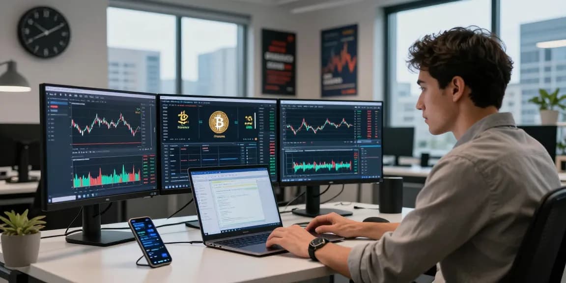 Cryptocurrency trading at 업투익스체인지, showcasing real-time market charts and a focused trader in a modern workspace.