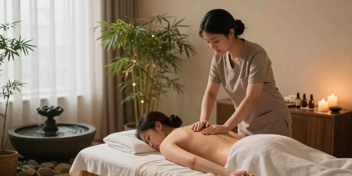부천출장마사지 전문가가 편안한 분위기에서 고객의 등을 마사지하는 장면입니다.