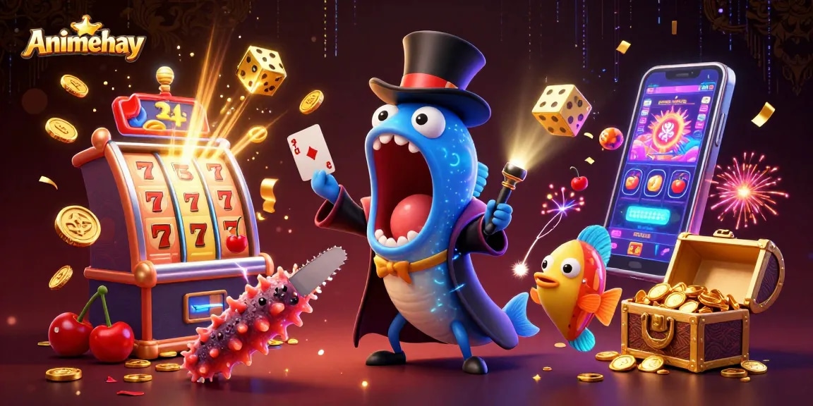 Experience thrilling wins with Animehay in a colorful 3D illustration of casino magic and excitement.