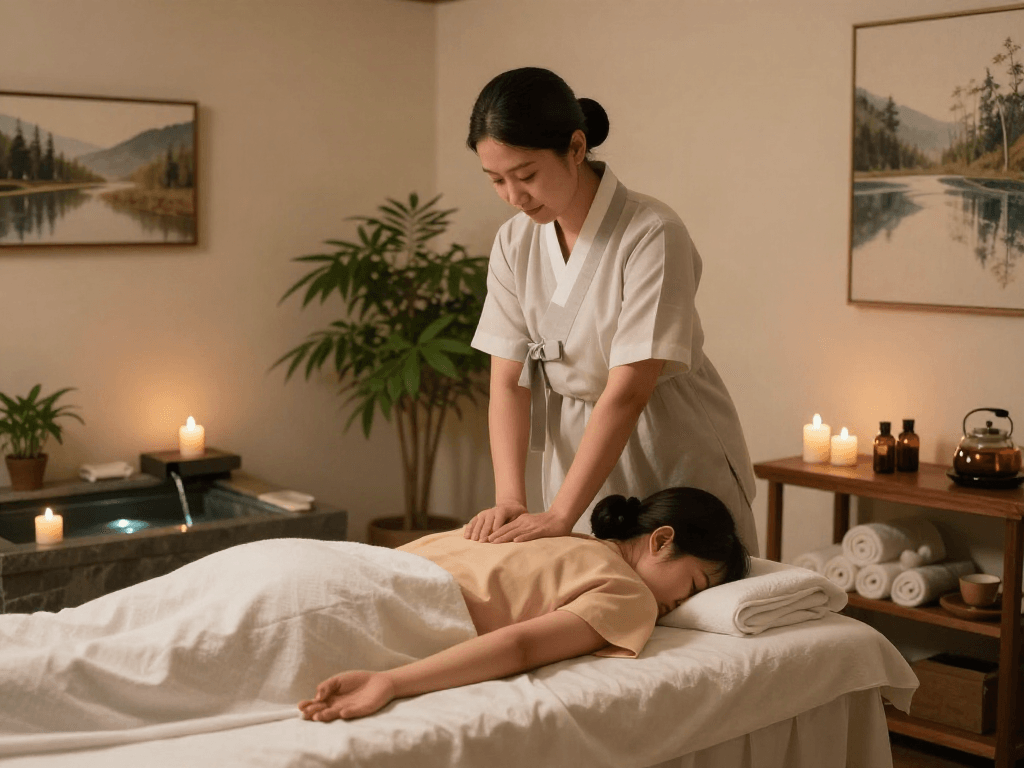 Relaxing 송파출장마사지 in a tranquil therapy room with soft lighting and natural elements.