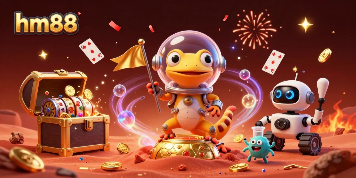 Join the fun at hm88 as the Martian gecko discovers a hidden casino, packed with gems and vibrant game elements.