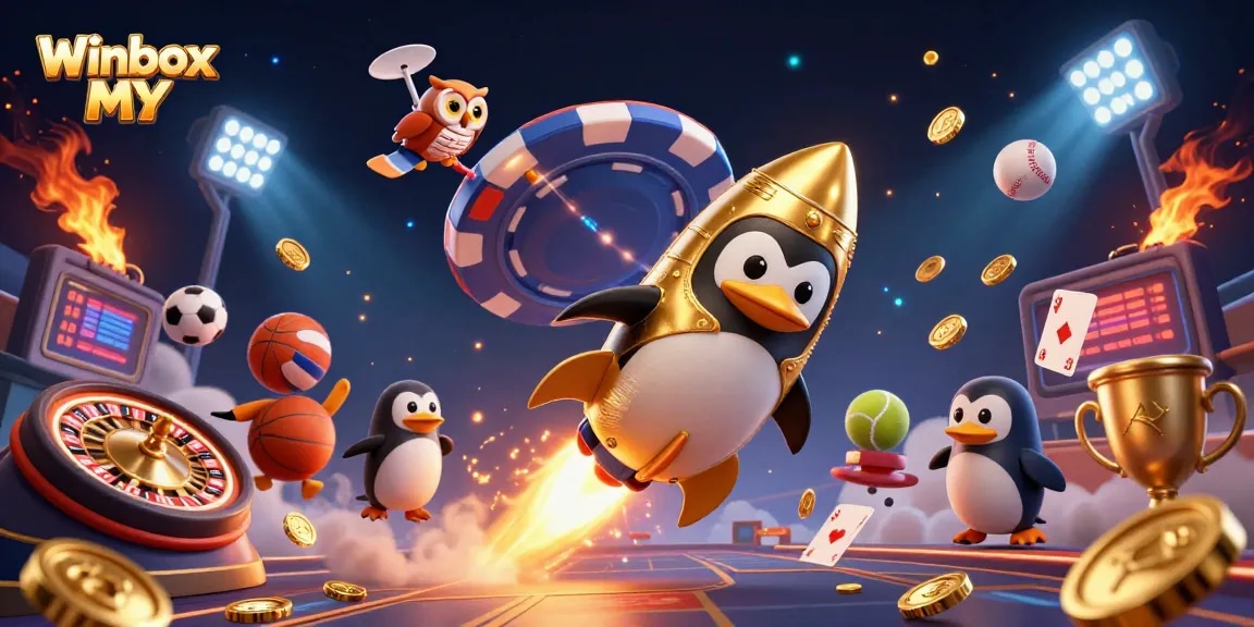 Winbox MY presents a vibrant 3D casino illustration with a golden penguin and dynamic sports elements.