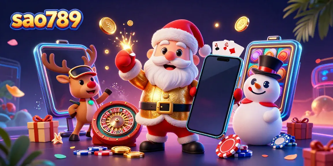 Win big with sao789's dynamic casino scene featuring Santa, a reindeer dealer, and a poker chip snowman.