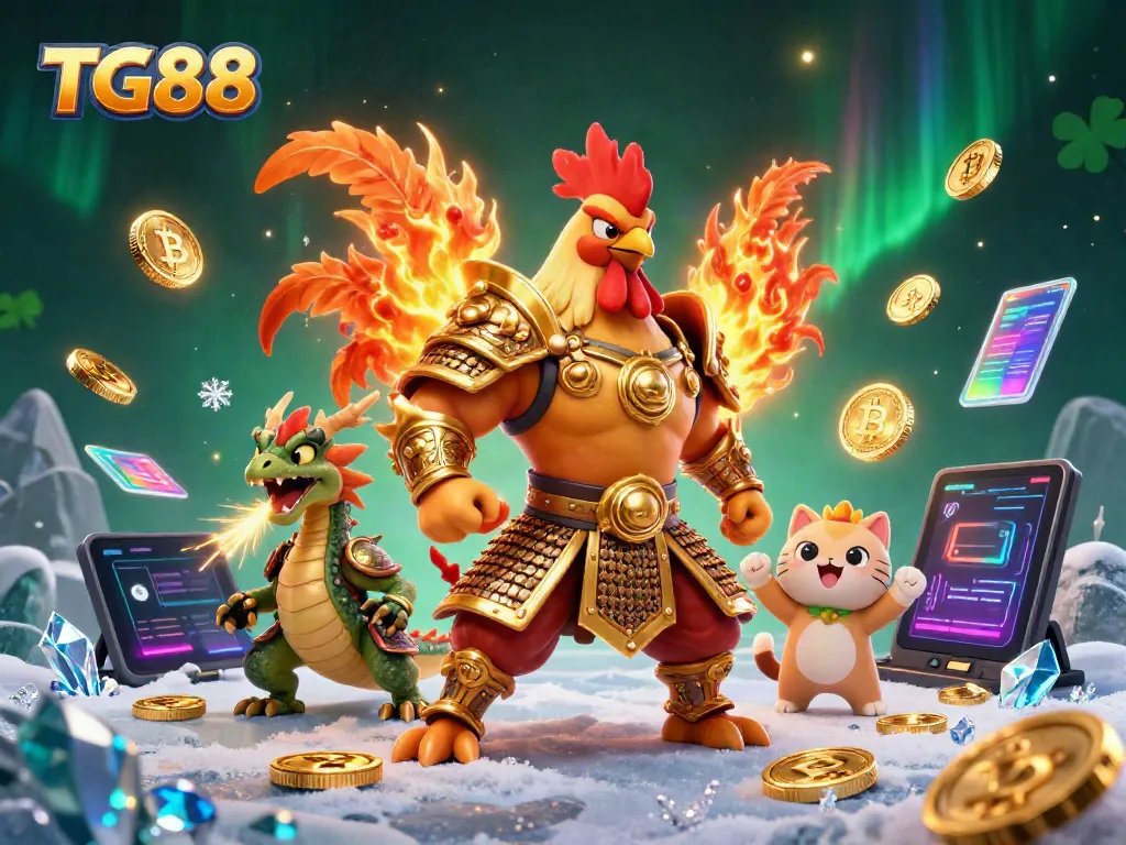 Join the action at TG88 with a dynamic 3D illustration of a fighting rooster and dragon amidst glowing casino elements.