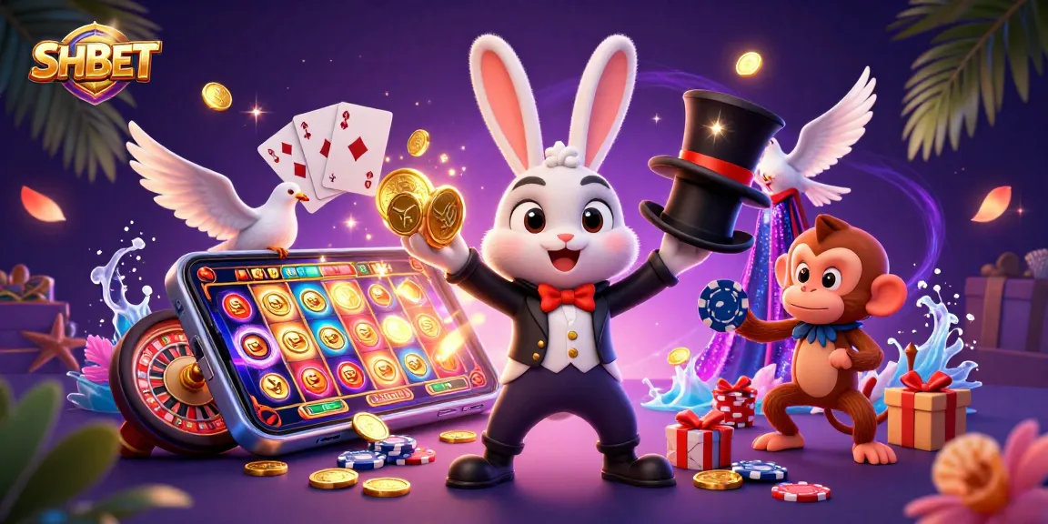 Enchant with SHBET's magical 3D casino illustration featuring a magician, poker chips, and vibrant gaming elements.