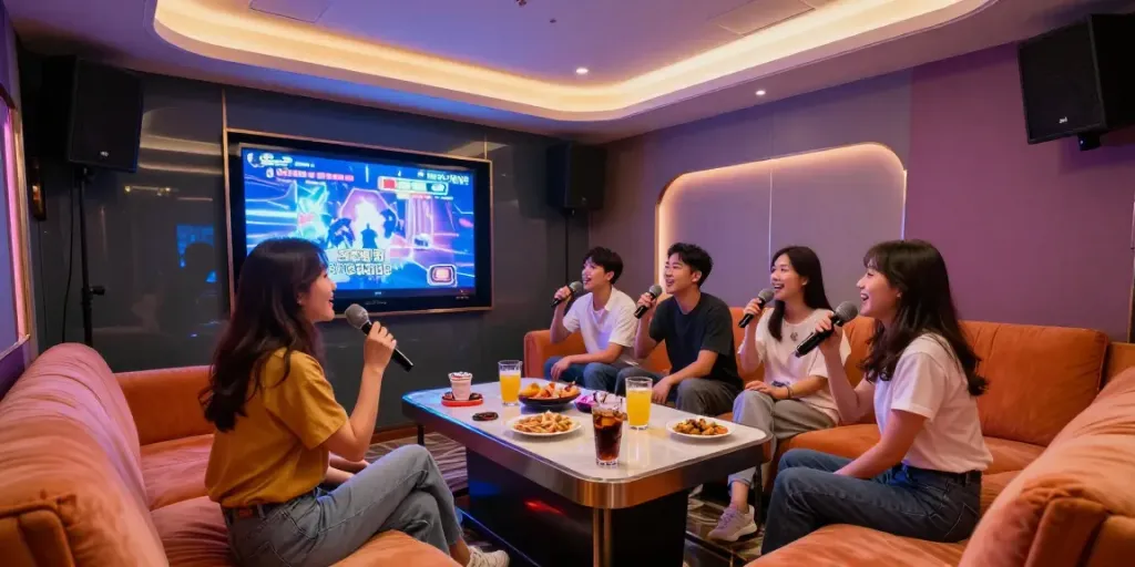 강남 달토의 고급스러운 노래방 내부에서 친구들이 즐겁게 노래하는 모습