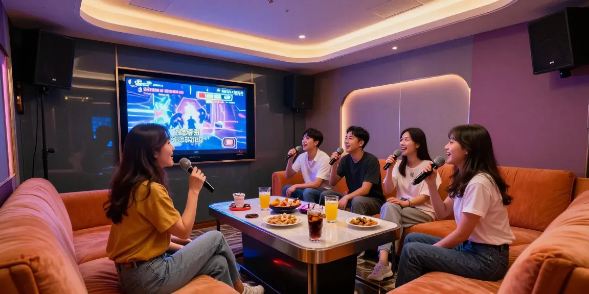 강남 달토의 고급스러운 노래방 내부에서 친구들이 즐겁게 노래하는 모습