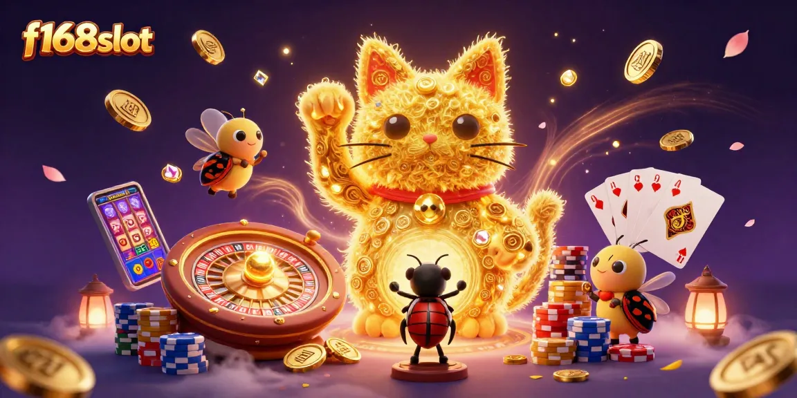 Engage in thrilling gameplay at f168slot with a dynamic scene of a lucky cat and casino symbols.