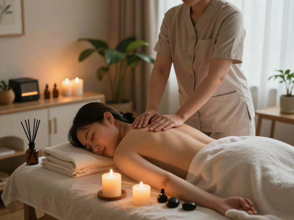 부평출장마사지 being performed in a serene home spa environment with calming ambiance and therapeutic elements.