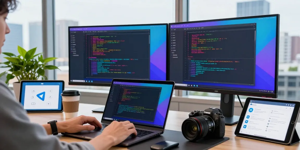 Customizing Telegram Chinese language settings on a laptop in a modern tech workspace.