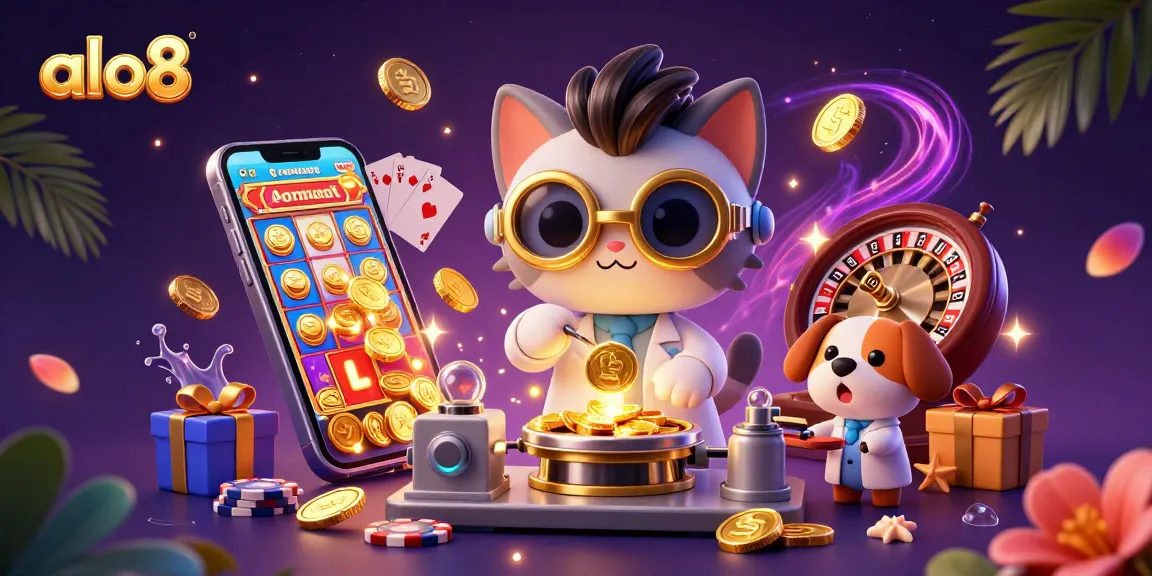 Experience the excitement of alo8 with a animated scene of a scientist cat and dog creating a gold-coin machine amidst thrilling casino elements.