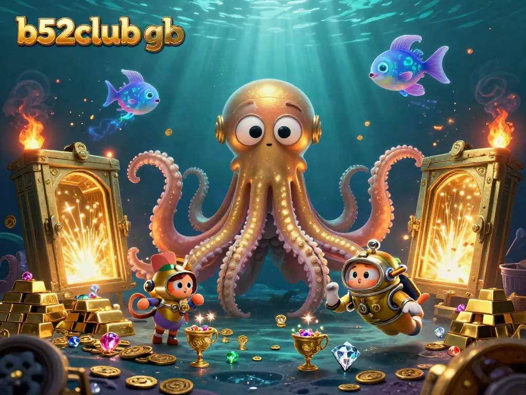 Engage in thrilling gameplay at b52club gb amid treasures with kraken and diving cat.