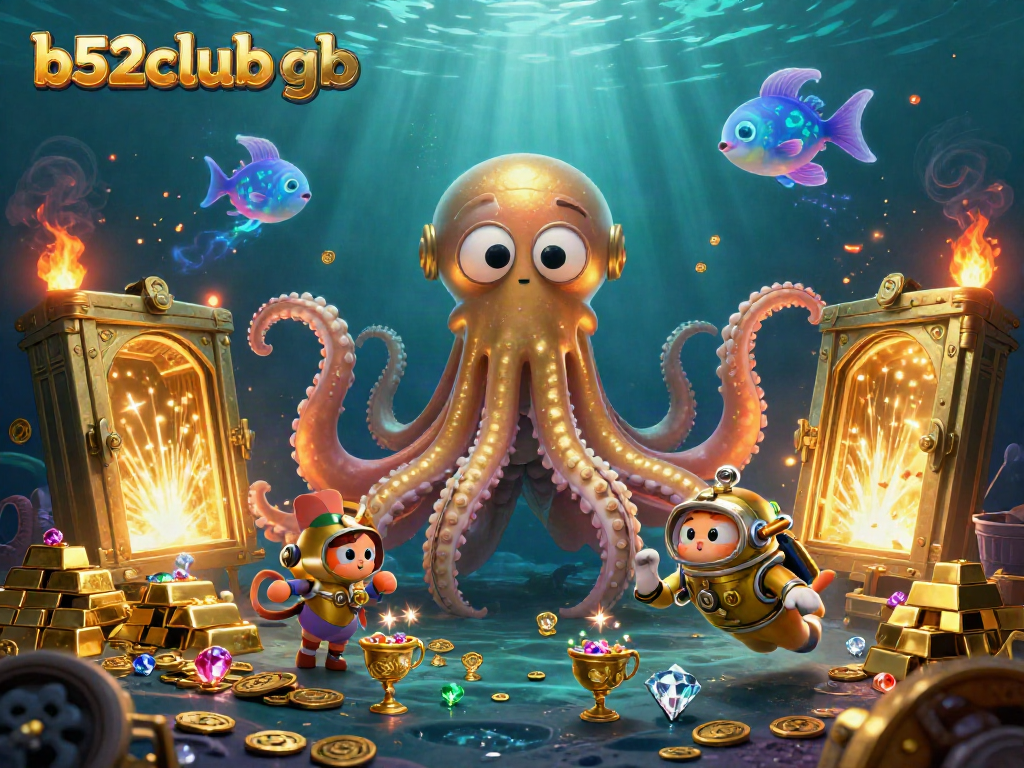 Engage in thrilling gameplay at b52club gb amid treasures with kraken and diving cat.