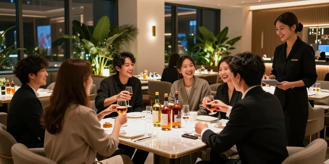 강남구구단 쩜오에서 친구들과 즐거운 시간을 보내는 모습과 고급스러운 내부 인테리어.