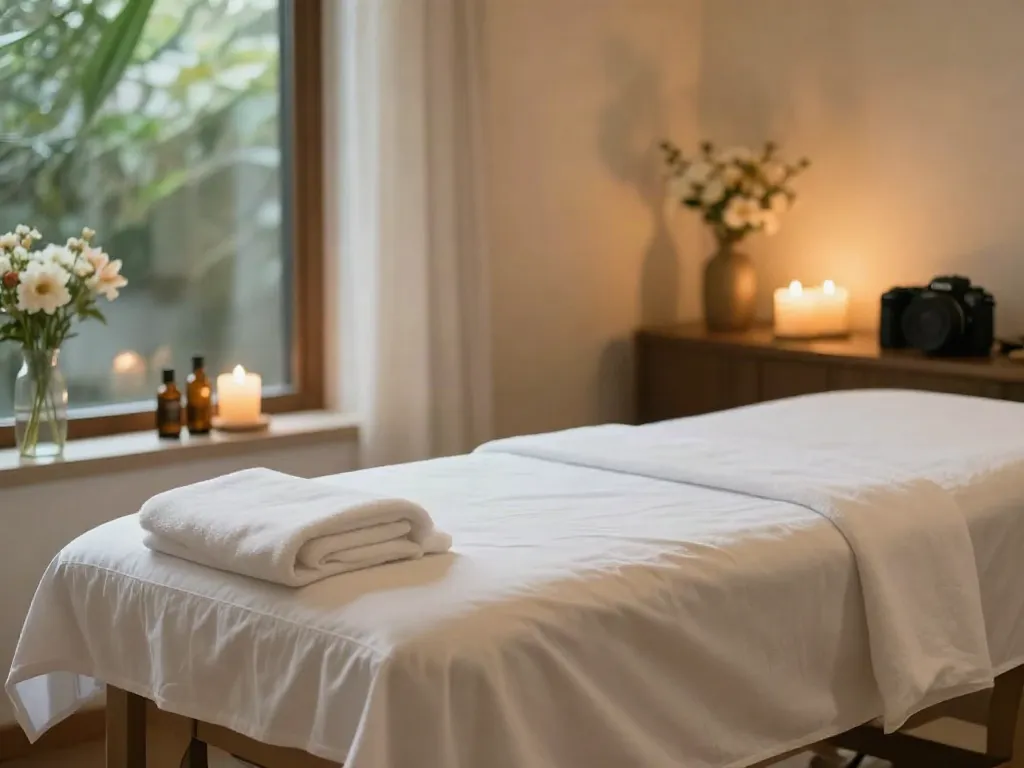 Serene treatment room for 오산출장안마, featuring a massage table and calming ambiance.
