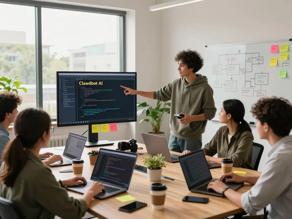 A collaborative workspace with developers discussing Clawdbot AI on a big screen, showcasing teamwork in software development.