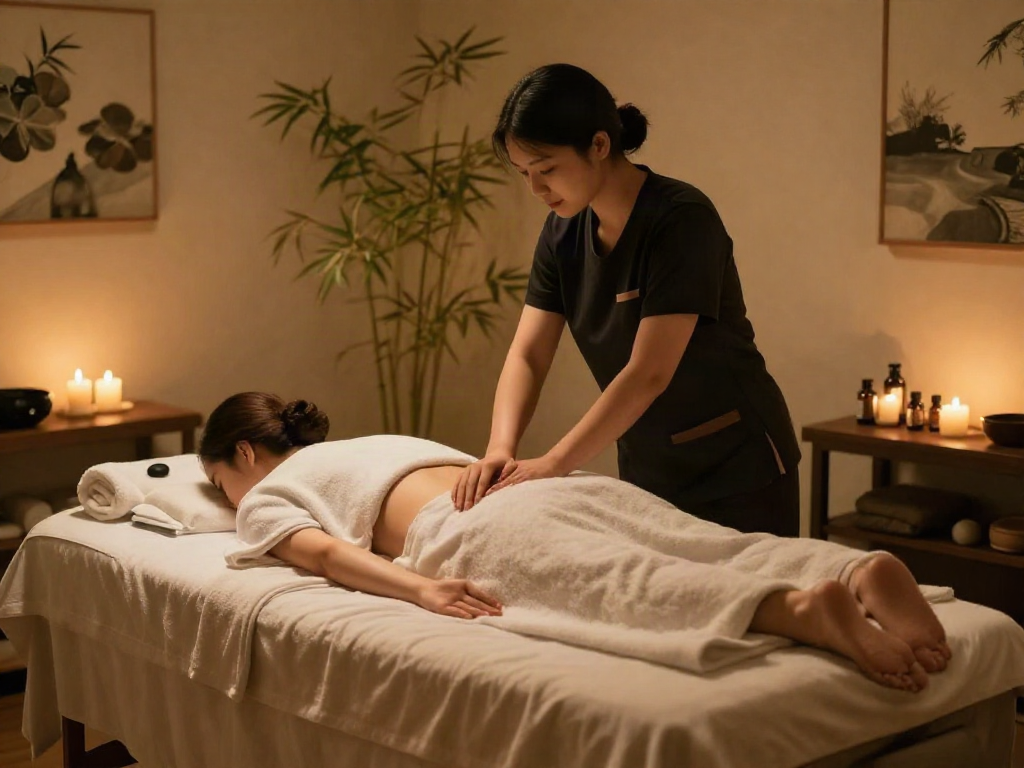Experience 광명출장마사지 in a serene massage therapy room with soft lighting and essential oils for relaxation.