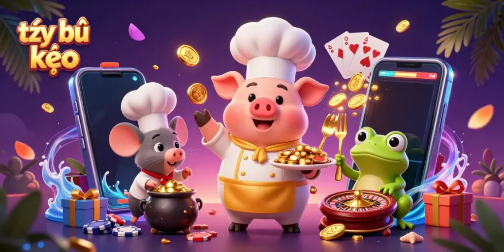 Engaging scene showing tỷ lệ kèo with cartoon chef pig serving gold coins, underscoring vibrant casino activity.