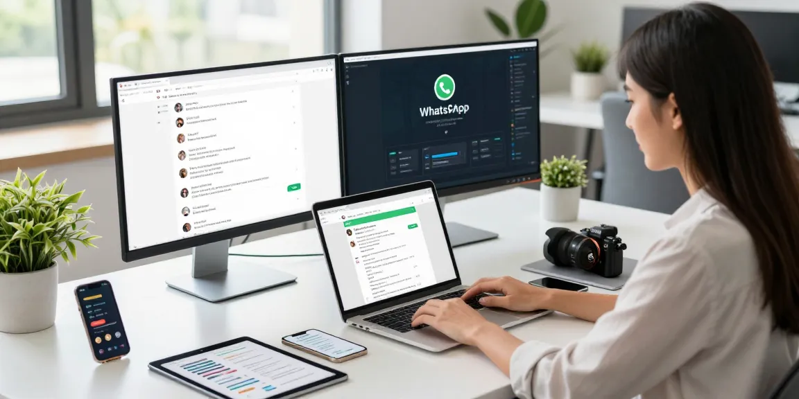 Dynamic workspace showcasing a professional using WhatsApp網頁版 on laptop with tech accessories and natural light.