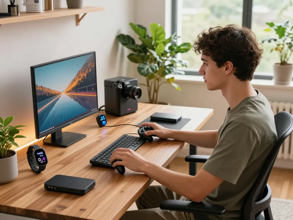 Modern home office displaying the best tech gadgets for men, including gaming controller and fitness tracker.