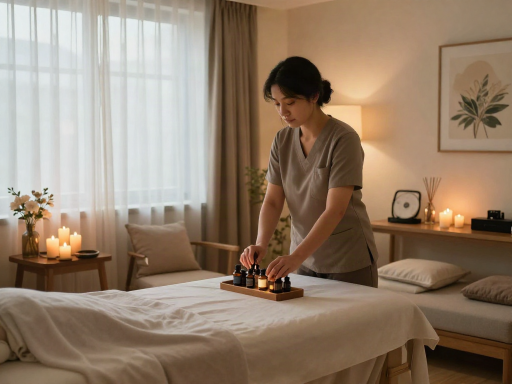 마포출장안마 service setup in a serene massage therapy room with soothing ambiance and essential oils.