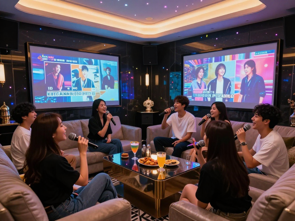 강남 가라오케 gangnam-karaoke.kr에서 친구들과 노래를 즐기는 고급스러운 개인룸 모습