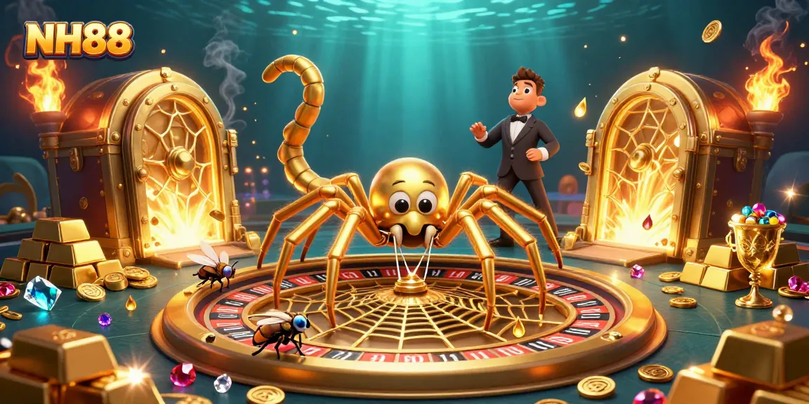 Place bets and win big at NH88 casino, featuring a vibrant roulette wheel and treasure galore.
