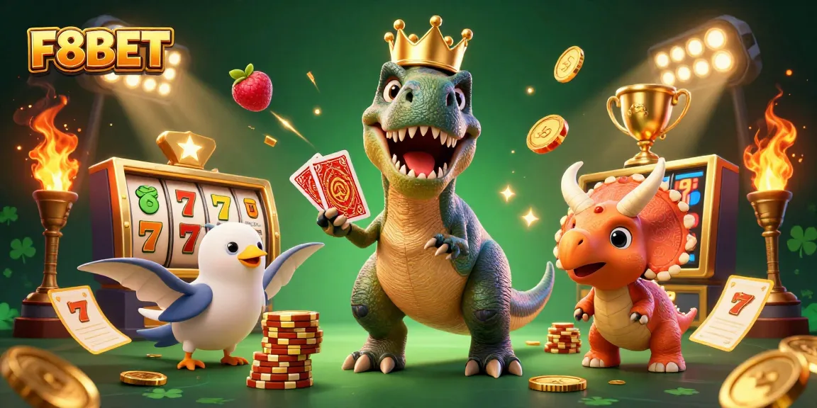 Experience the excitement of F8BET with cartoon dinosaurs in a vibrant casino setting stacking chips and shuffling cards.