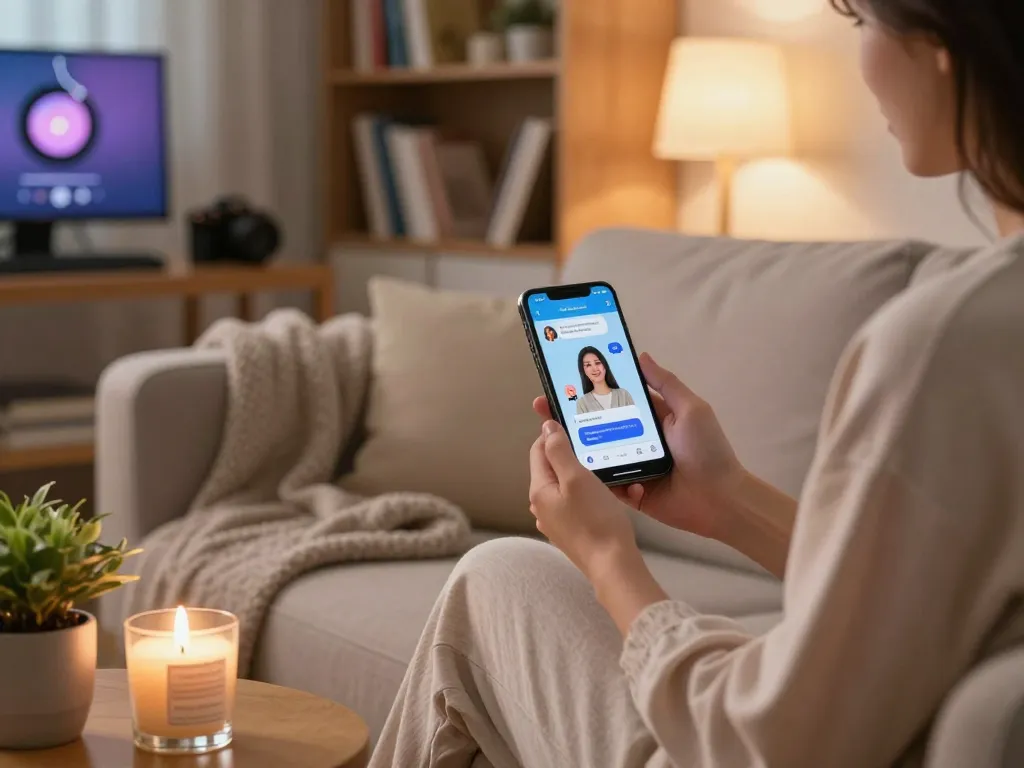 Person engaging with girlfriend ai app on smartphone in cozy home office