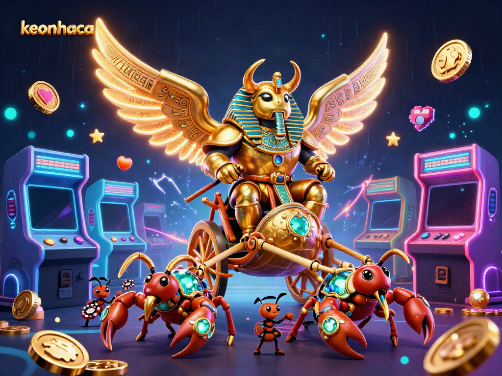 Engage in thrilling gameplay with the keonhacai beetle and scorpions in a vibrant casino scene populated by arcade elements.