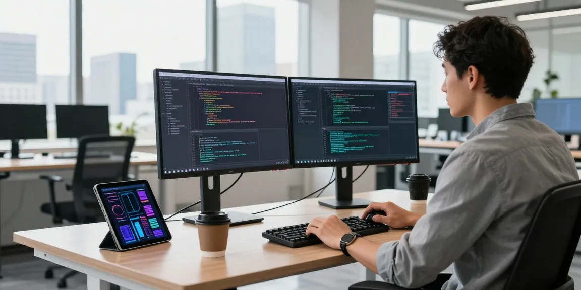 Engaged developer coding at a modern workspace, highlighting the WPS Official Website as a hub for productivity tools.