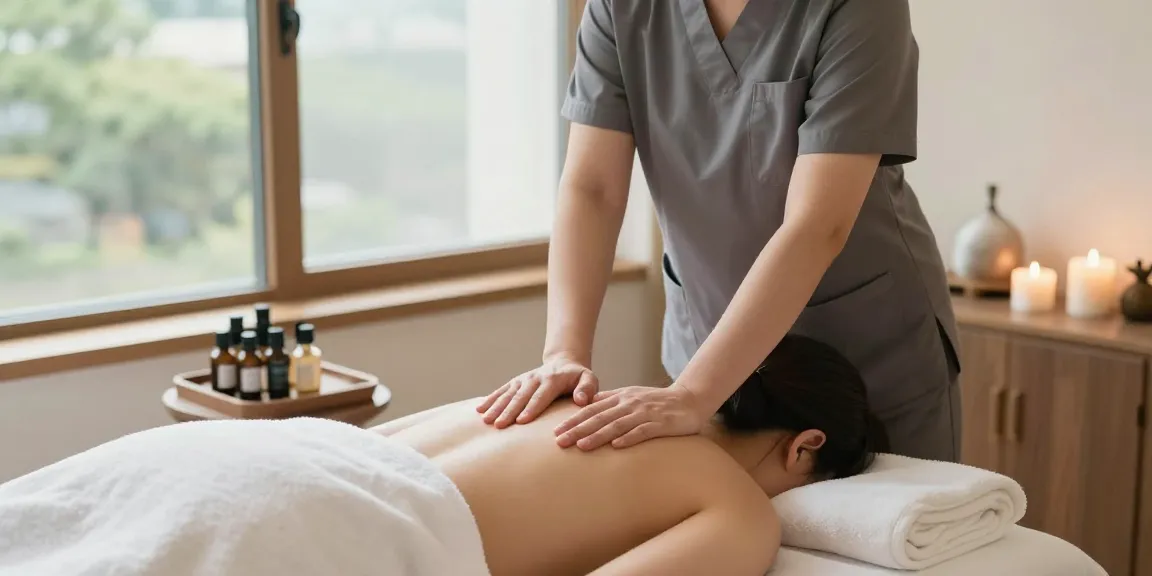 경기도출장마사지 중인 마사지 치료사와 고객, 편안한 스파 분위기 연출.