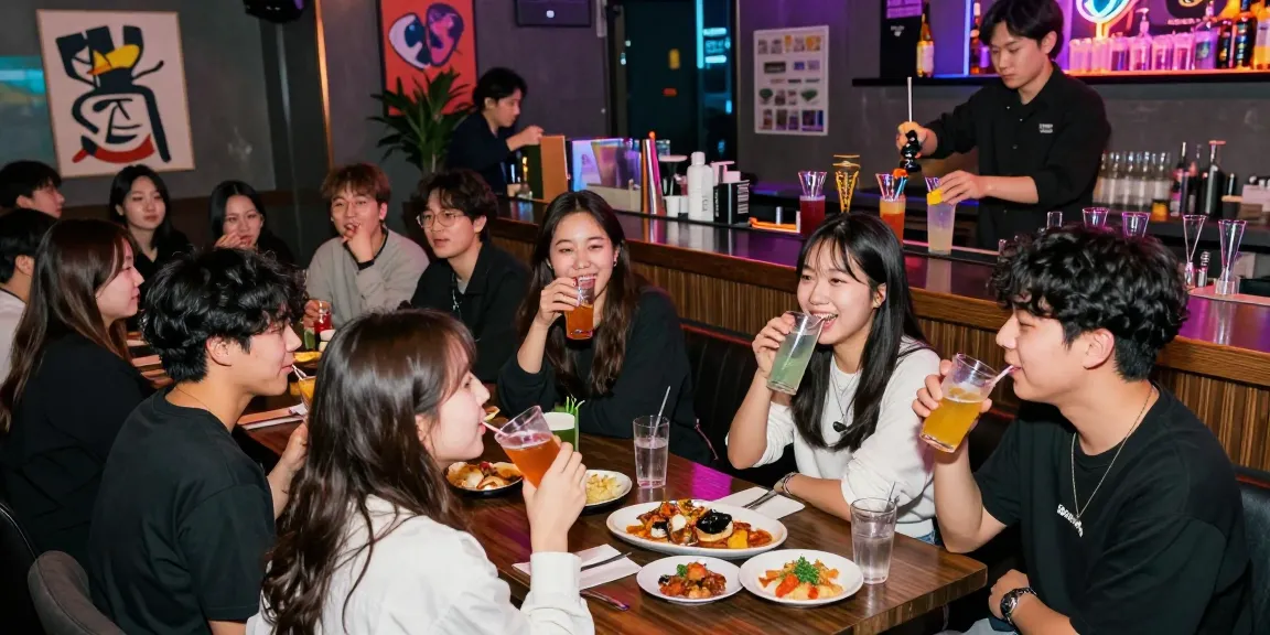 강남의 퀸알바 바에서 활기찬 밤 문화를 즐기는 젊은이들 모습
