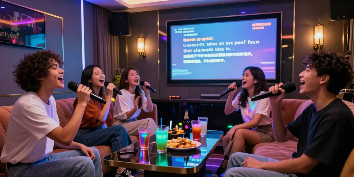 강남가라오케에서 친구들과 함께 즐거운 시간을 보내는 장면