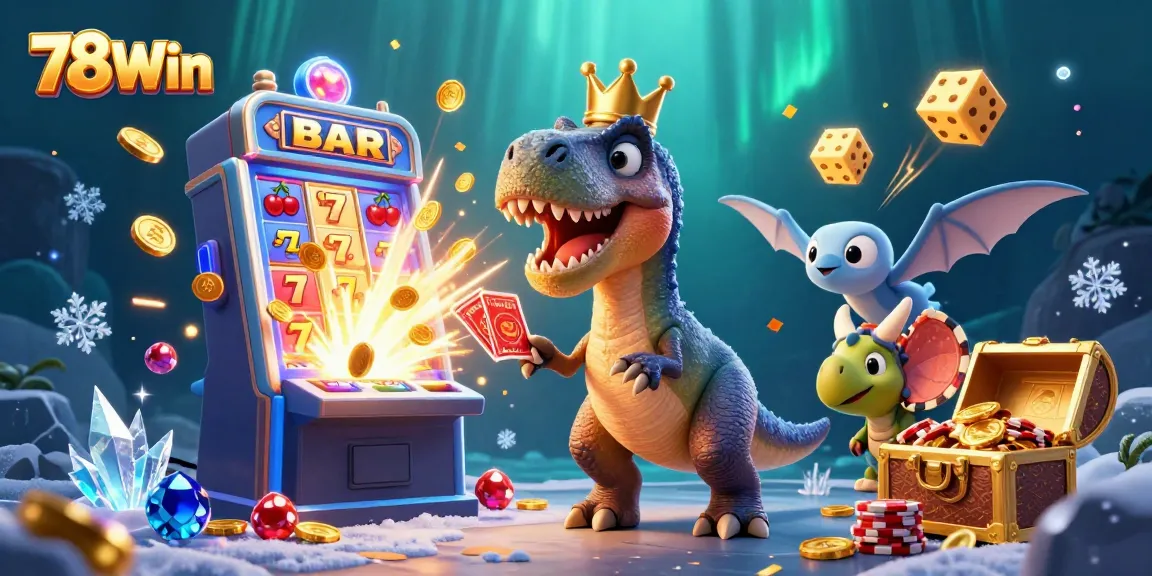 Experience the thrilling gameplay of 78Win with a T-Rex shuffling cards and a jackpot explosion!