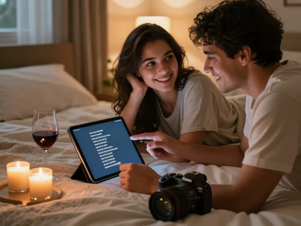A couple exploring AI sex technology in a cozy bedroom, highlighting romantic innovation.
