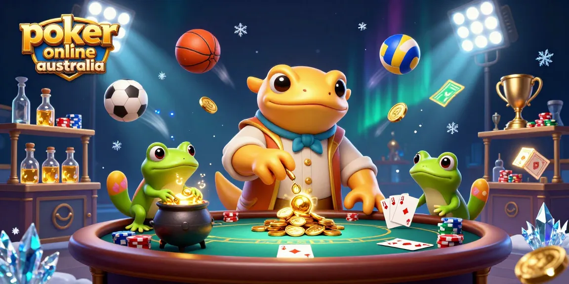 Poker online Australia scene with a golden salamander alchemist and dynamic poker elements.