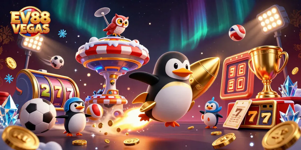 Experience EV88 VEGAS with thrilling gaming excitement as the penguin races towards a poker chip casino.