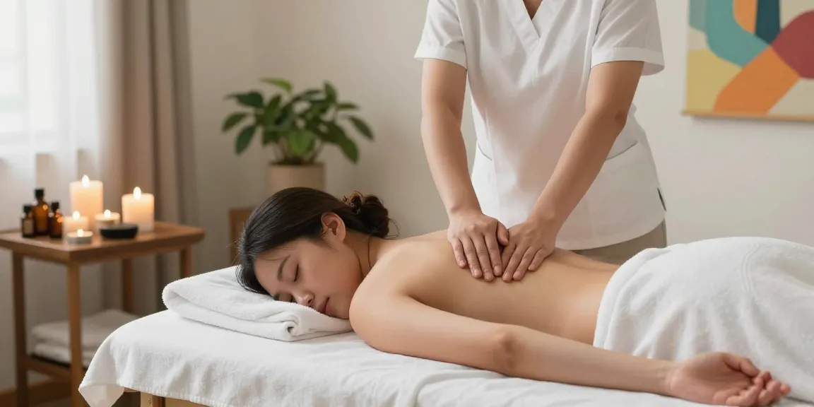 마사지 받고 있는 편안한 모습과 아로마 오일이 있는 힐링 스파