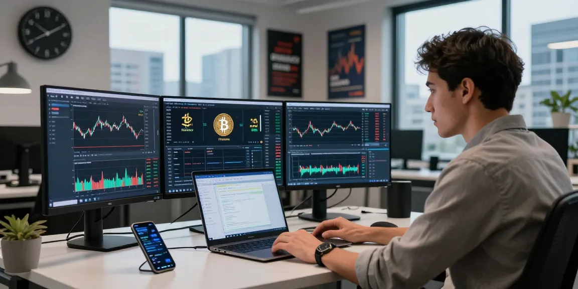 Cryptocurrency trading at 업투익스체인지, showcasing real-time market charts and a focused trader in a modern workspace.