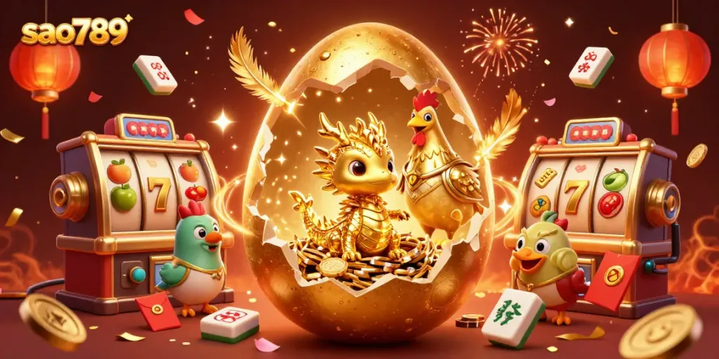 Sao789 showcases a golden dragon and poker chips in a vibrant slot machine scene, symbolizing luck and excitement.
