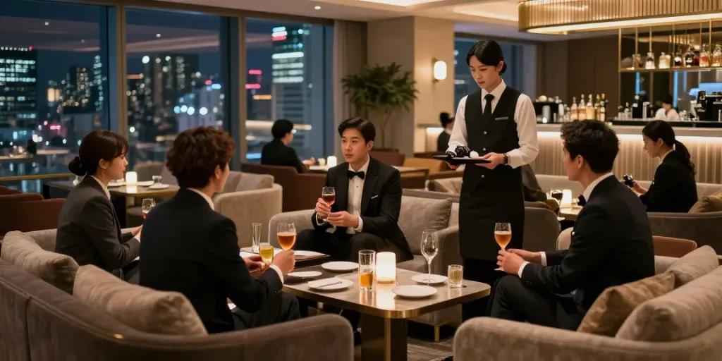 강남 타이밍의 고급스러운 실내 공간에서 우아한 모임을 즐기는 모습