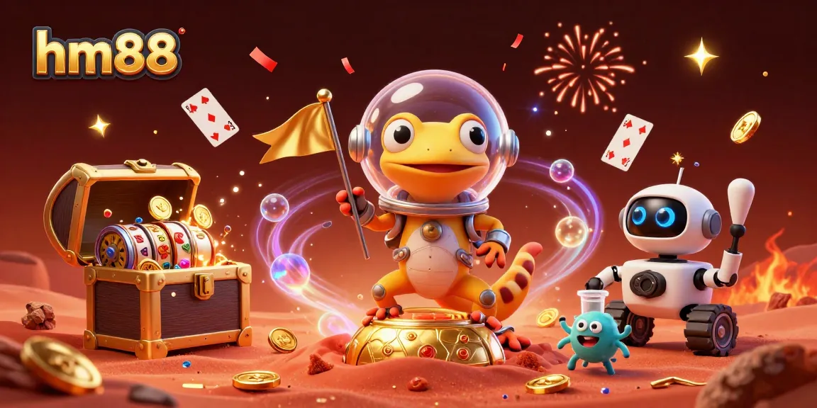 Join the fun at hm88 as the Martian gecko discovers a hidden casino, packed with gems and vibrant game elements.