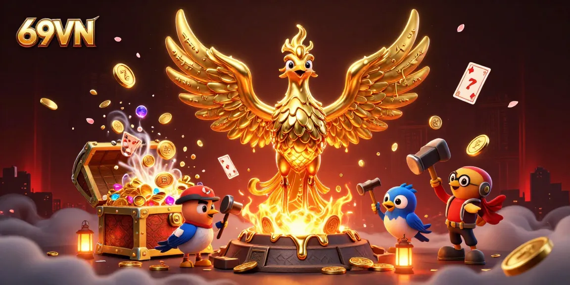 Experience the thrill of winning at 69VN with golden phoenixes and dynamic casino elements in an exciting scene.