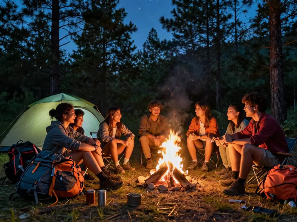 Friends enjoying a camping night around the campfire with visible gear and nature, themed around rokok88 slot adventures.