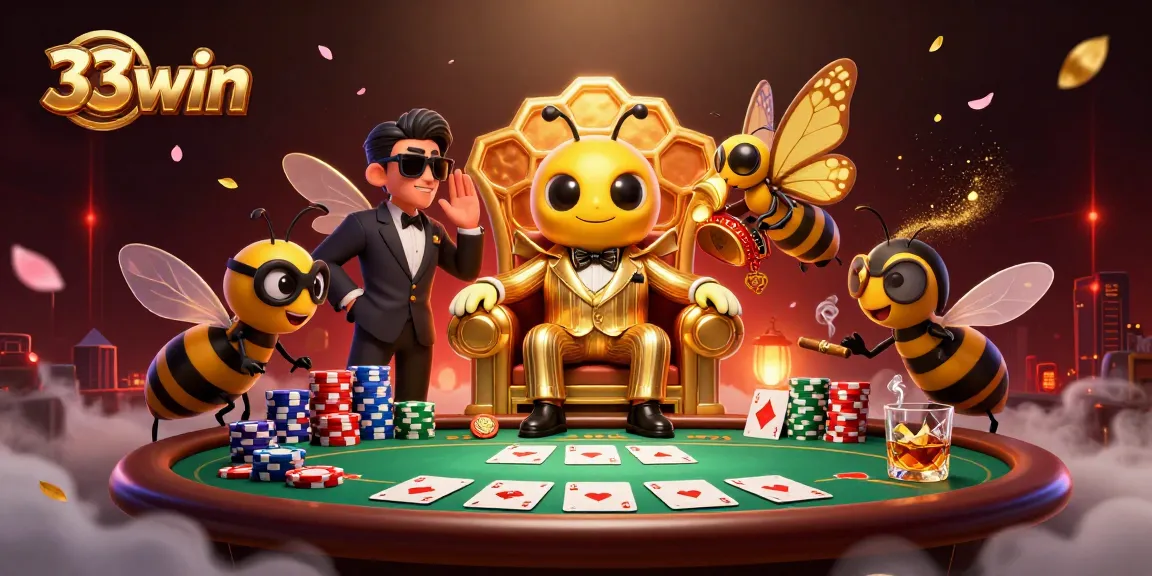 Engage in thrilling casino action with 33win's dynamic poker scene featuring colorful poker chips and elite characters.