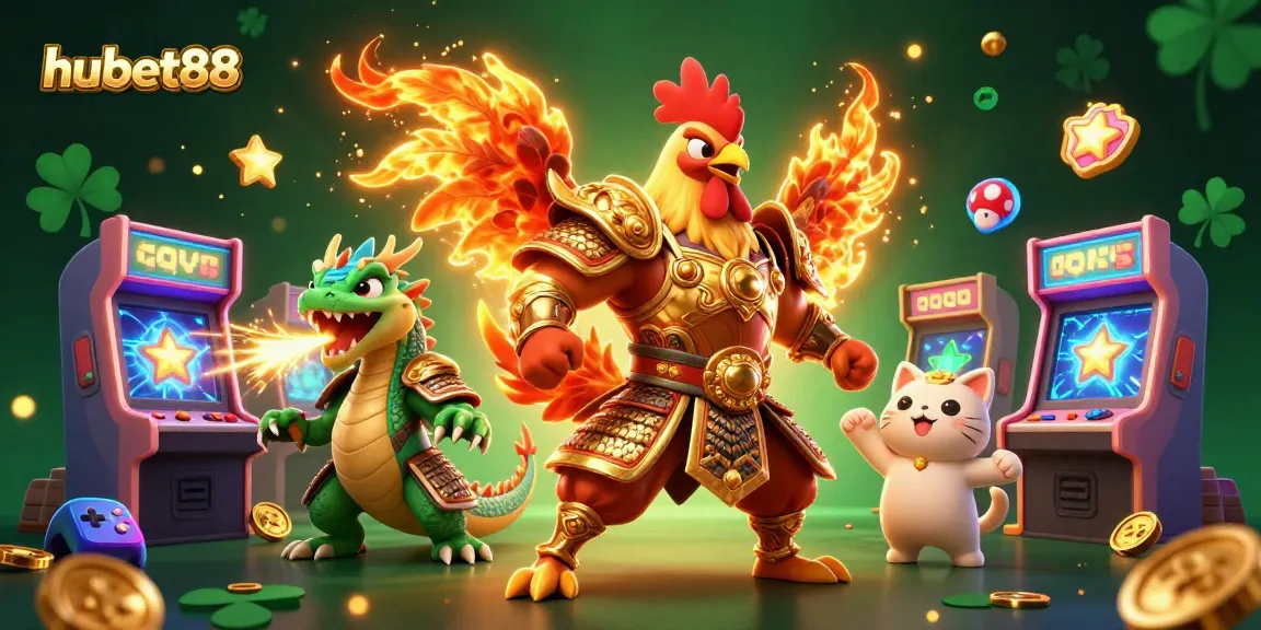 Experience vibrant hubet88 gaming with a powerful rooster and dragon in a dynamic casino illustration.